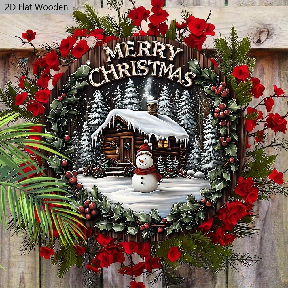 Warm Winter Wooden Christmas Sign with Snow House & Snowman Pattern - Navidad Round Sign for Front Door Wall Hanging Decor - Ideal Christmas Gift