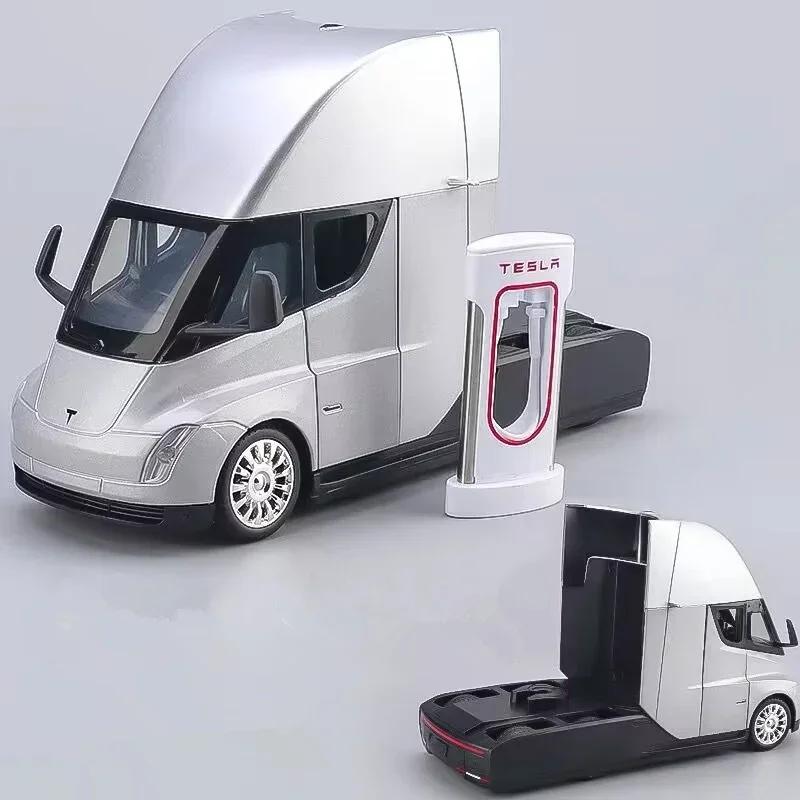 1/24 Tesla Semi Trailer Truck Alloy Diecast Car Model with Sound and Light Pull Back Truck Vehicle Model Boy Collection Gift