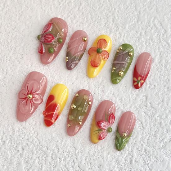 10Pcs 3D Floral Press-on Nails Thick Gel Design Summer French Fake Nails with Tip Artificial