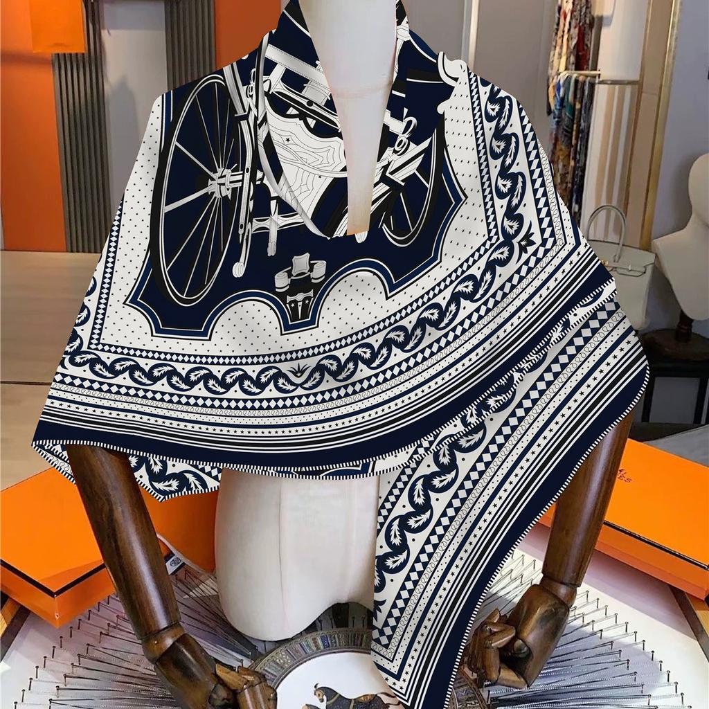 130cm French Winter Geometric Striped Carriage Faux Silk Wool Square Scarf Women Wraps Pashmina Hijab