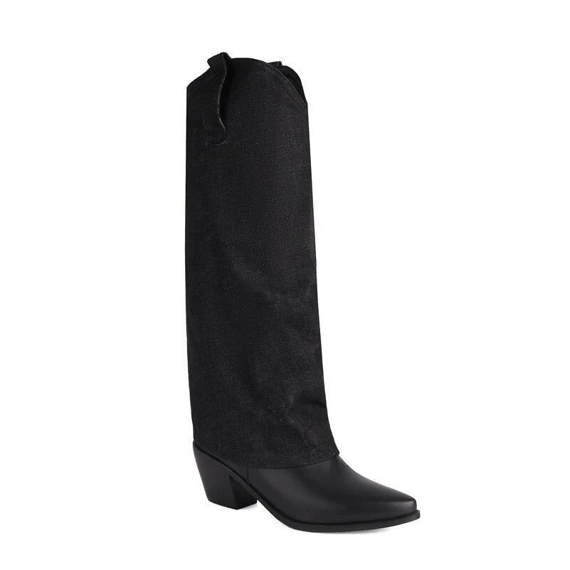FOREADA Women Knee High Long Boots Pointed Toe Gogo Boots Thick High Heels Western Cowgirl Boots Ladies Fashion Shoes Winter 46