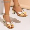 Размер 35-43 Золотые Туфли на Каблуке для Женщин Ремешок через Лодыжку Квадратный Носок Декор Бабочка Элегантные Туфли для Платья Модные Zapatos De Mujer