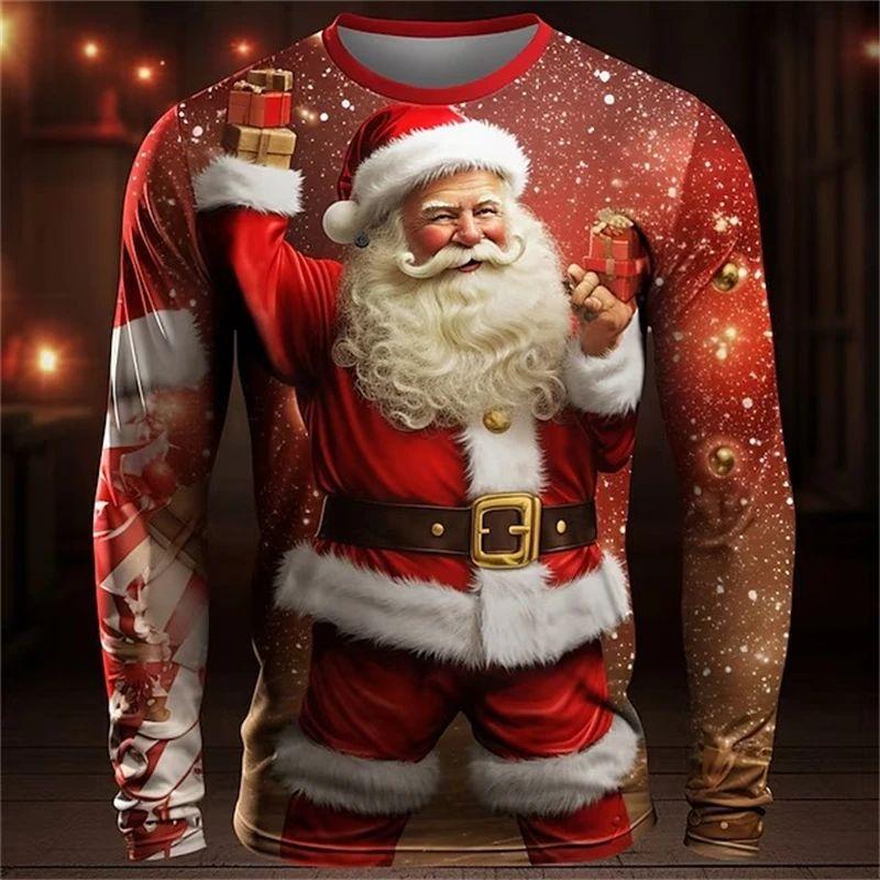 New Spring and Autumn Men's Fashion Interesting New Year Santa 3D Printed Long Sleeve Round Neck Plus Size Loose Breathable Top