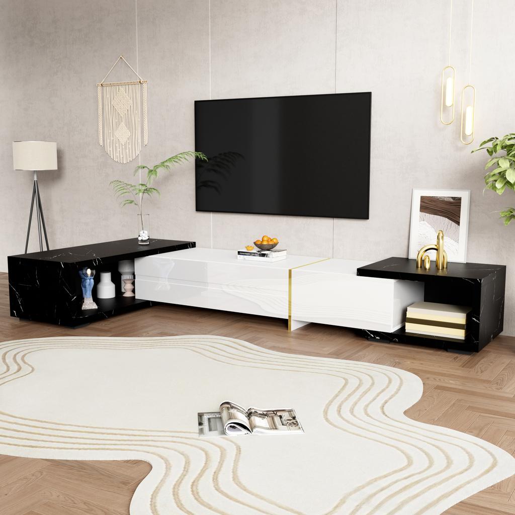Modern TV Cabinet with variable length (140-260 cm), rotating function, black marble look, white high-gloss matte finish and golden decorations