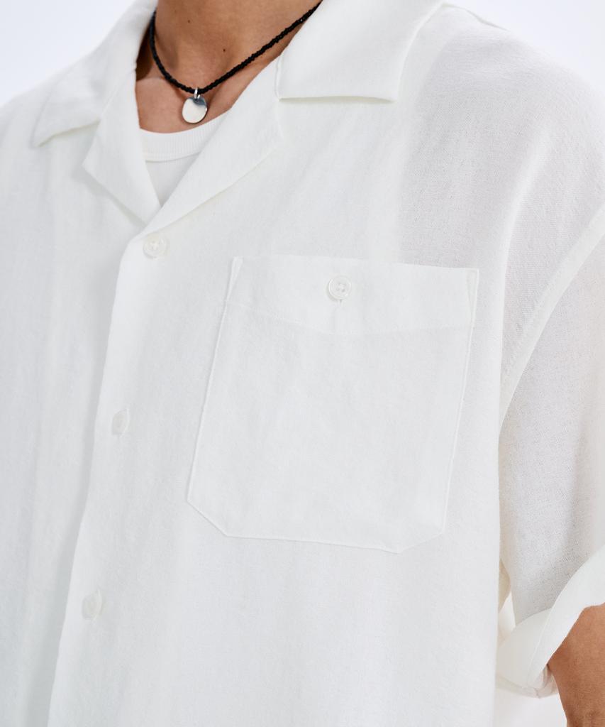 TAKEASY Linen-Like Roll-Up Half Shirt (White)