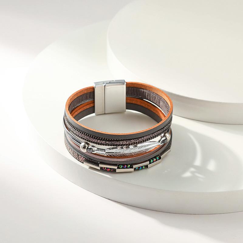 Многослойный браслет из искусственной кожи в богемном стиле, женский, с магнитной застежкой-листом, аксессуары для украшений
