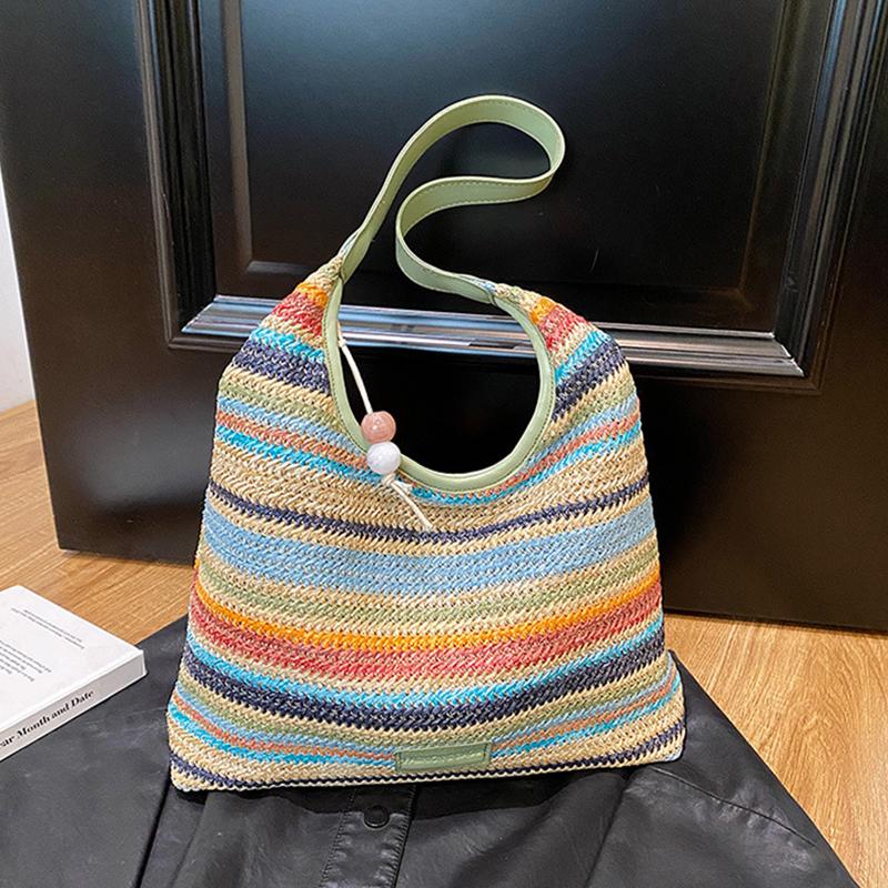 Chic Striped Woven Shoulder Bag for Girls Women Large Capacity Summer Beach Straw Tote Bag for Everyday & Vacation Use KTY