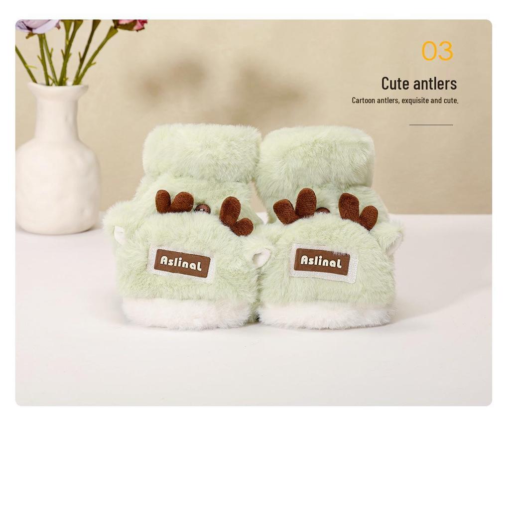 Женские зимние теплые перчатки с откидными пальцами и цветными блоками с оленями - на флисовой подкладке, утолщенные и морозостойкие для письма и езды на велосипеде