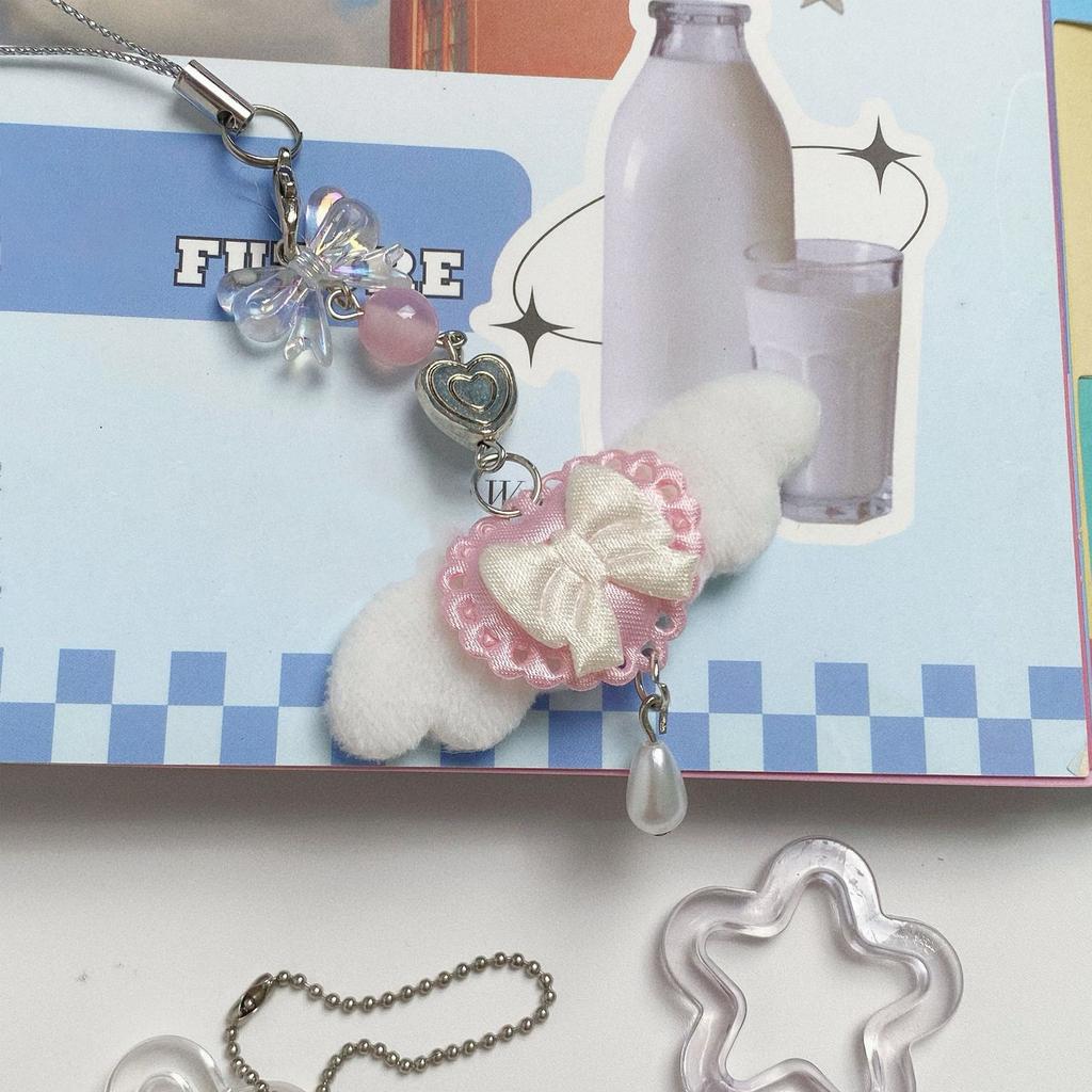 Милый розовый меховой брелок-подвеска для телефона в виде крыла ангела с бантом, уникальное украшение для сумки для девочек, аксессуары в стиле лолиты