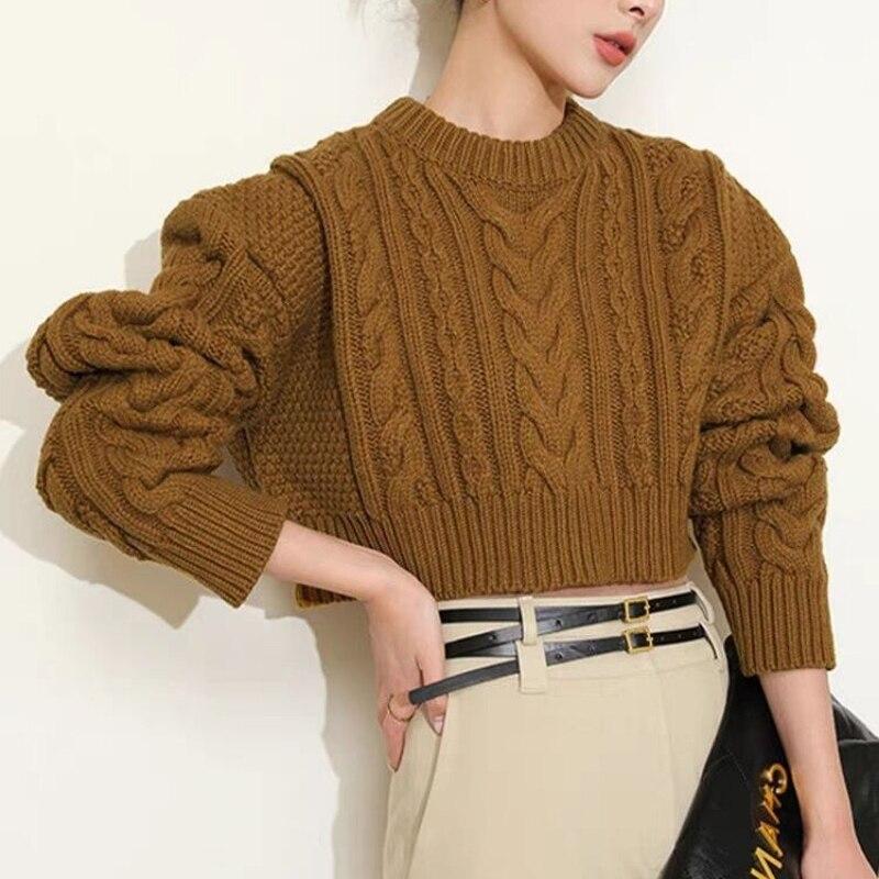 Vintage Knitted Pullovers Women Thicken Sweaters Autumn And Winter Sexy Short Tops Round Collar Solid Casual Loose Clothes 28464
