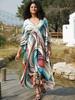 Beach Cover Up Geometric Printed Kaftans for Women Viscose Handmade Waved Maxi Dresses Summer Holiday Bathing Suits