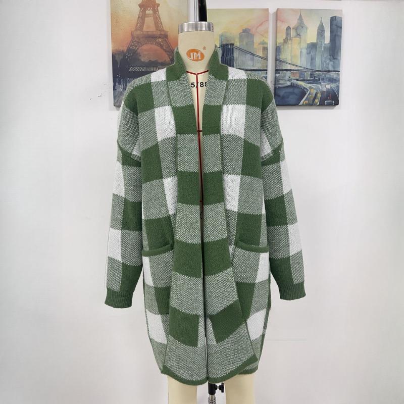 IHUASU Women's Jacket Loose Plaid Colour Block Knit Cardigan Fashion Sweater