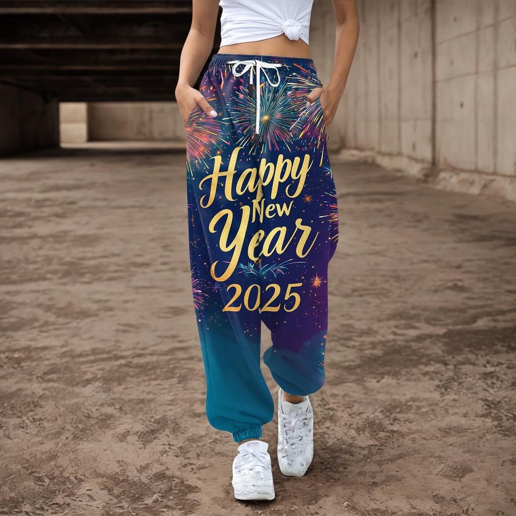 Women's Drawstring Elastic Waist Christmas Printed Casual Pants Sweatpants