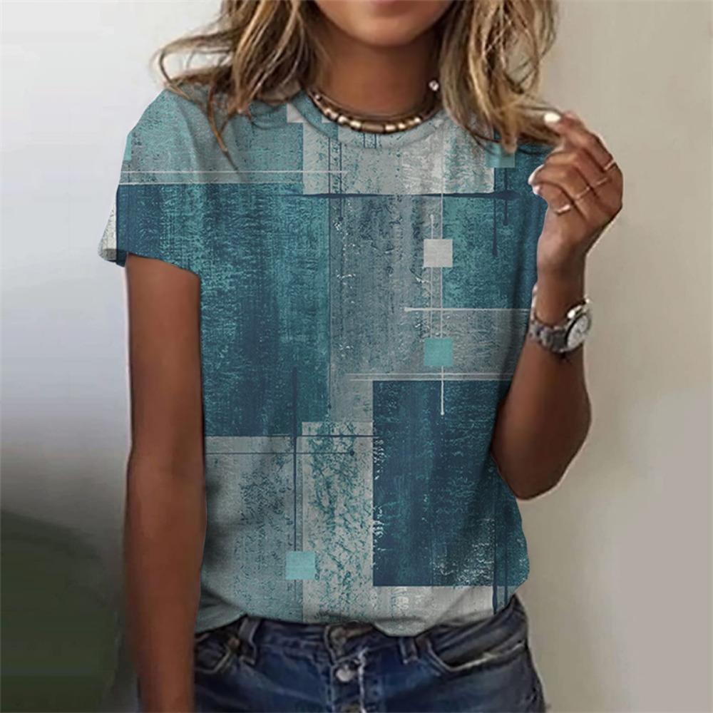 Футболка в клетку в стиле ретро с 3D-принтом для женщин, цветные графические футболки, летние свободные футболки в стиле Харадзюку, топы с короткими рукавами и круглым вырезом
