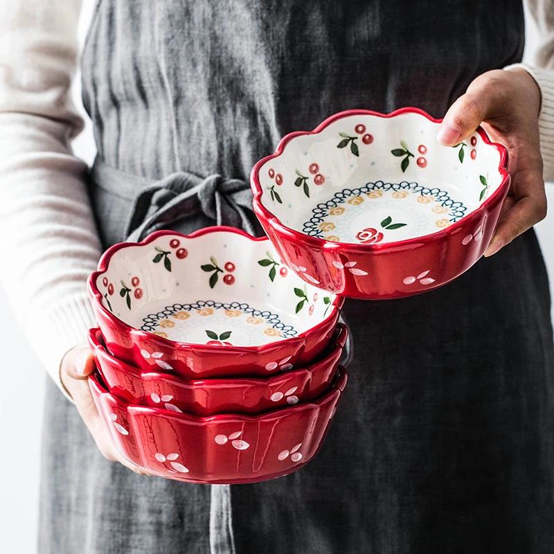 Japanese Style Breakfast Ceramic Bowl Cute Cherry Fruit Salad Bowl Home Dining Dessert Bowl