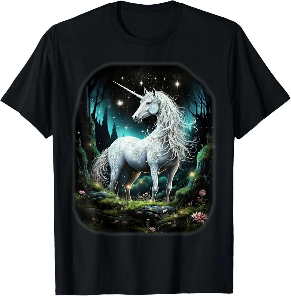 Fantasy White Unicorn Standing In Forest Stars T-Shirt