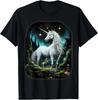 Fantasy White Unicorn Standing In Forest Stars T-Shirt