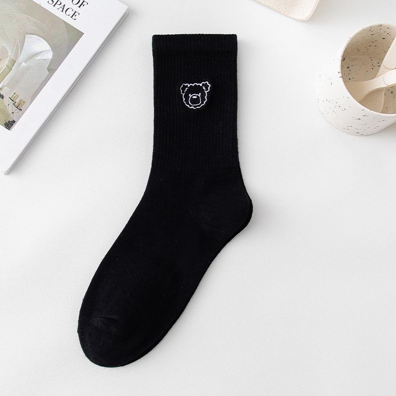 Women's Mid-Tube Cotton Socks - Black & White Japanese Embroidered Design for Autumn/Winter