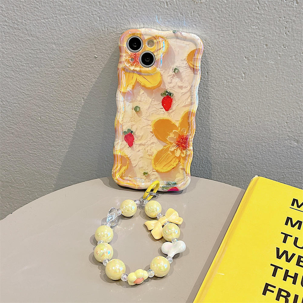 Waterproof and Shockproof TPU Colorful Flower Phone case for iPhone 15 Pro Max Wrist Strap 14 Protective case