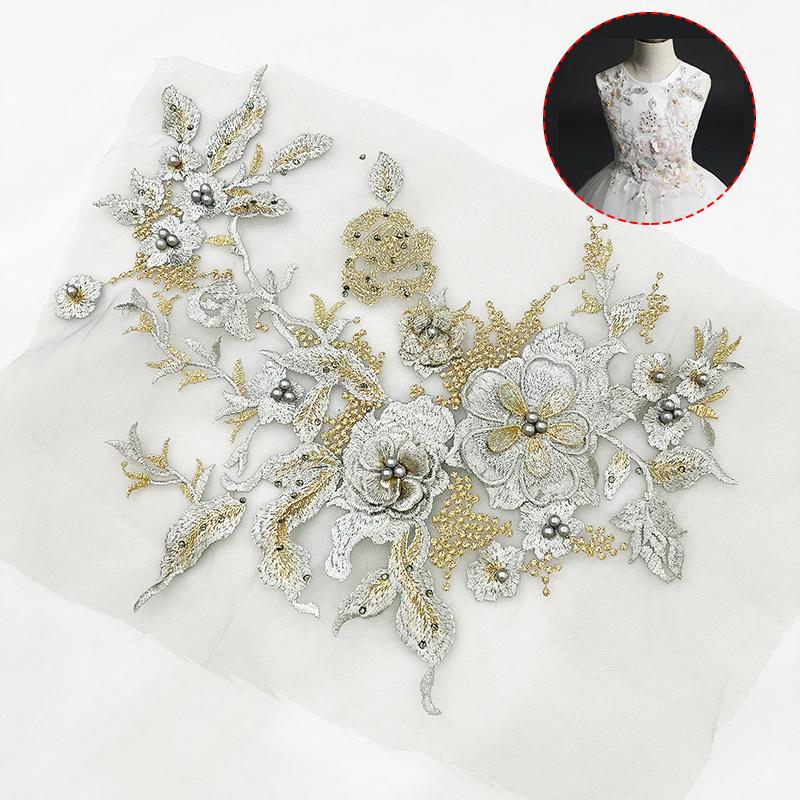 3D Flower Beaded Lace Fabric Applique Embroidery Sewing On Patches For Wedding Evening Dress Clothing Patch Sewing Accessories