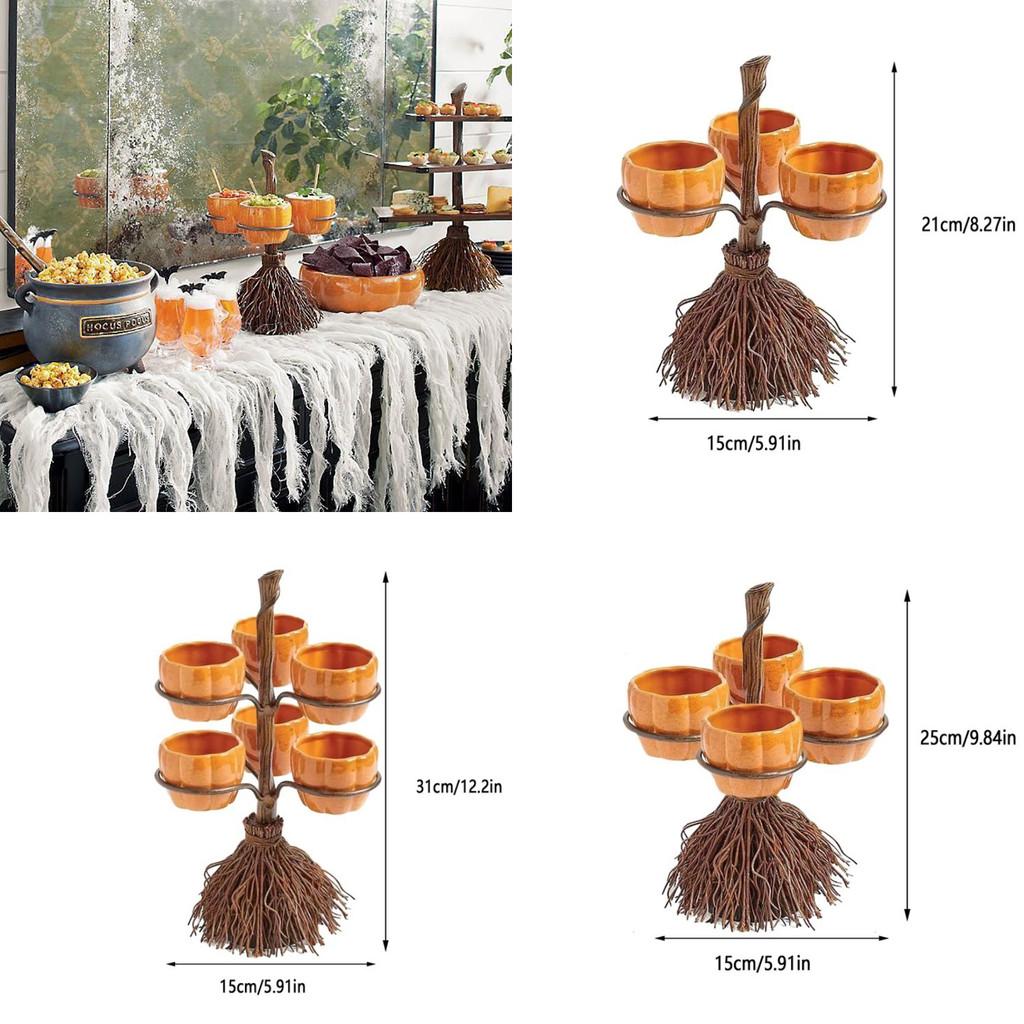 Pumpkin Halloween Snack Bowl Stand Broom Candy Holder Party Serving Fruit Salad