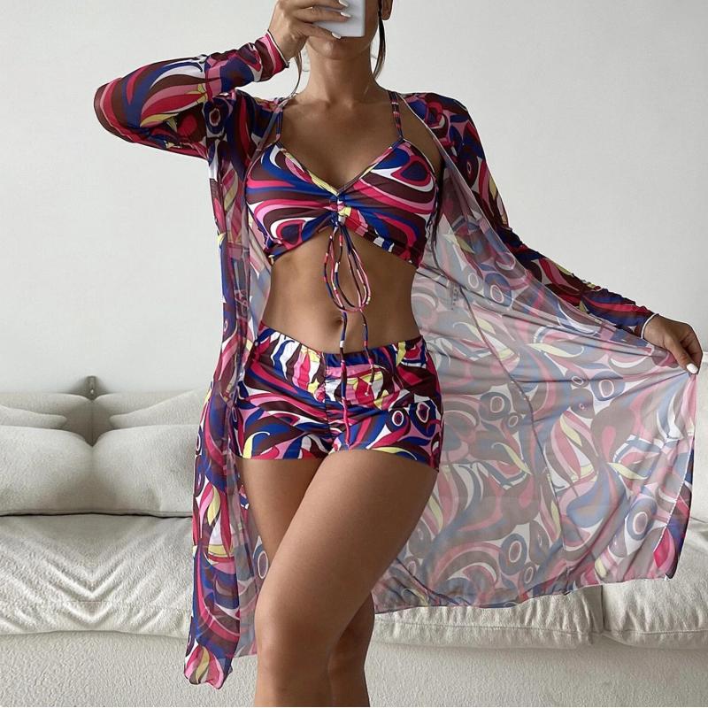 Swimsuit Women's Split Three Piece Set High Waist Long Sleeve Ins Overshirt Drawstring Printed Bikini Suits