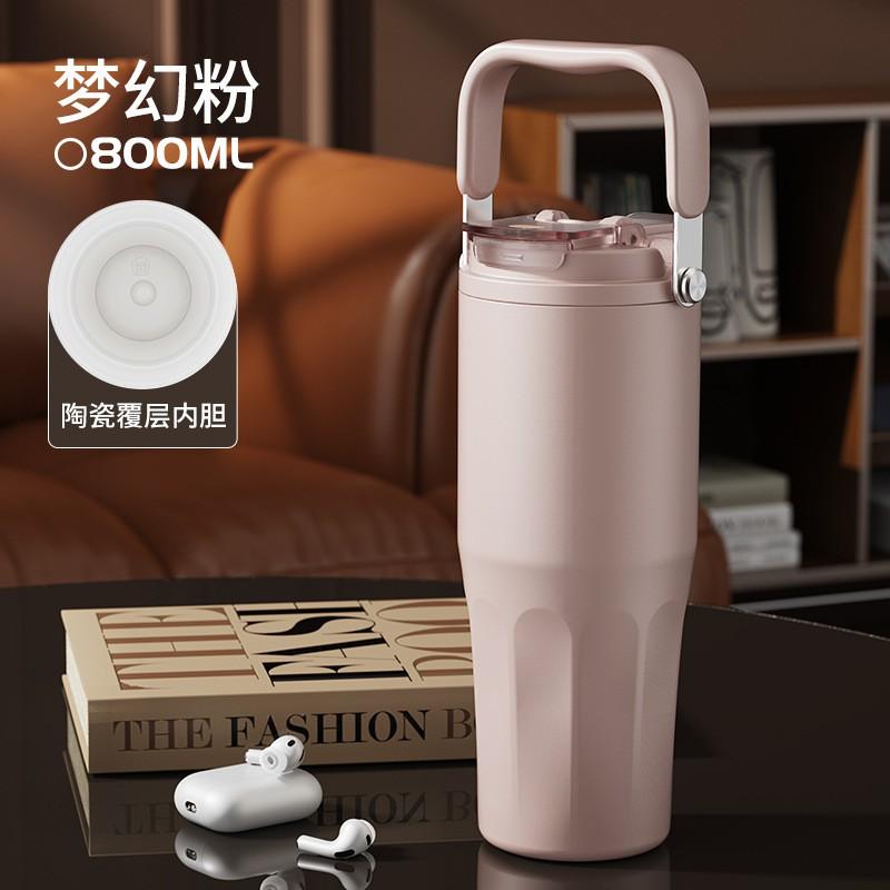 800ml Vacuum Insulated Ceramic Lined Stainless Steel Travel Mug With Dual Lid Handle Outdoor Car Use