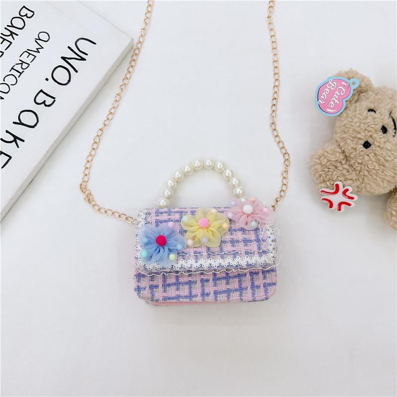 Stylish Children's Pearl Handbag Cute Floral Design Small Square Bag For Girls