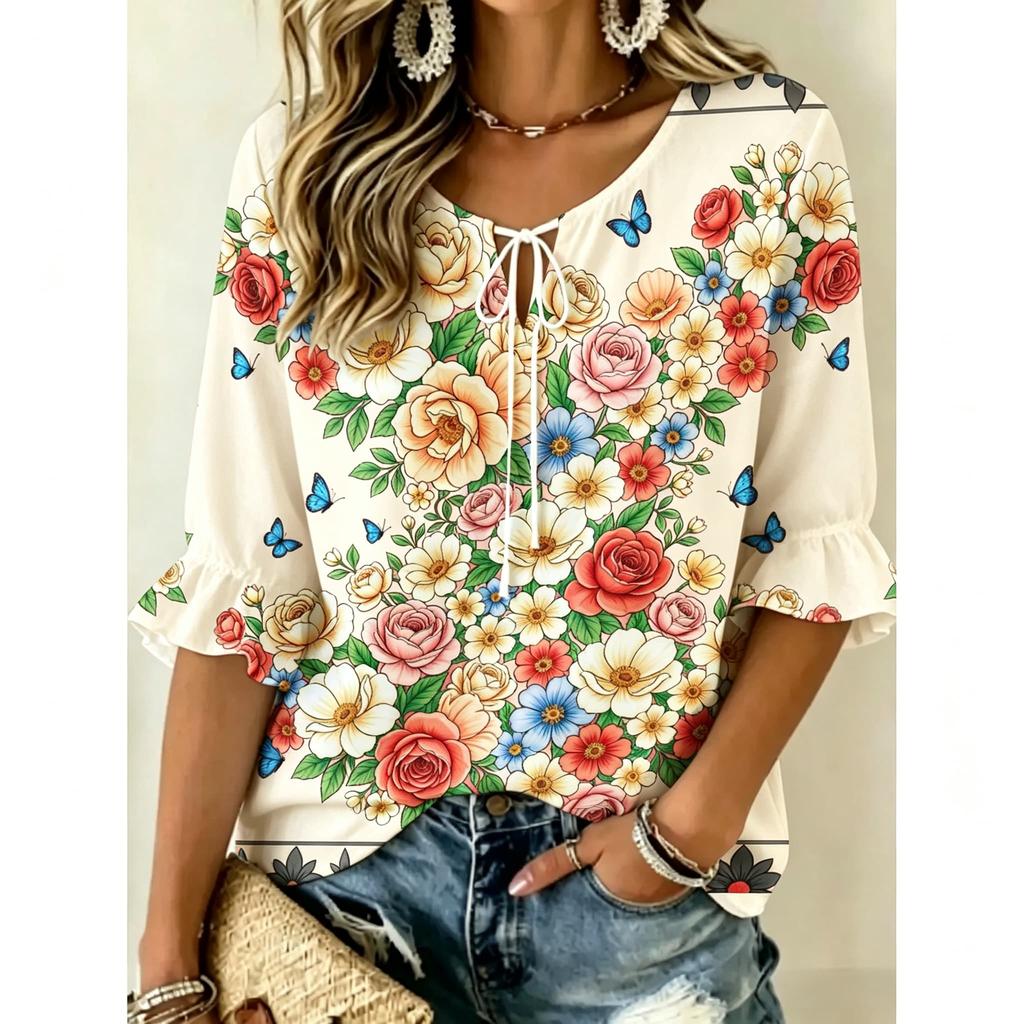 Women Floral Butterfly Print V Neck Tie 3/4 Ruffle Sleeve Blouse, Top for Holiday, Party and Daily Wear