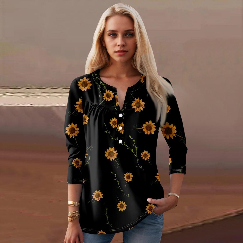 Женская мода повседневный топ с длинным рукавом и круглым вырезом с цветочным принтом