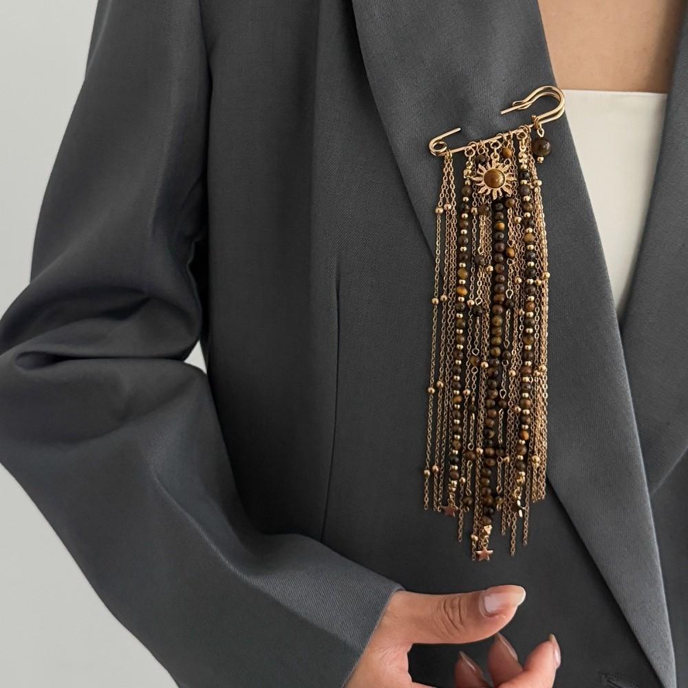 Light Luxury Style Golden Beaded Tassel Brooch Floral Pin Tassel Ornaments Cosplay