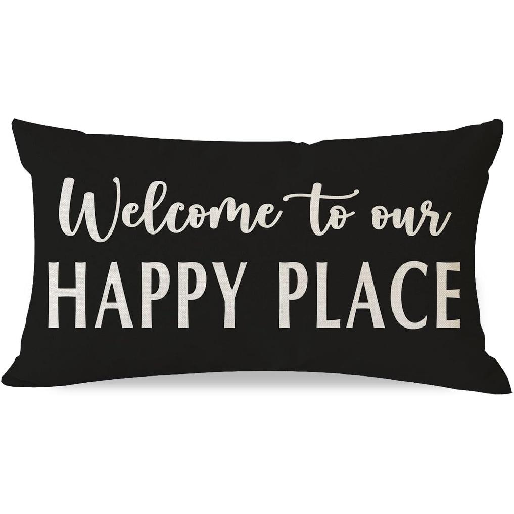 Decorative Throw Pillow Cover 12x20 Inch Welcome to Our Happy Place Black White Outdoor Modern Farmhouse Front Porch Patio Decor Lumbar Cushion Case