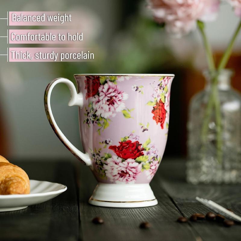 Large Coffee Mugs, 12 Oz, Set of 6, Floral Mugs, Porcelain Bone China, Tea Mug, Coffee Cups Set
