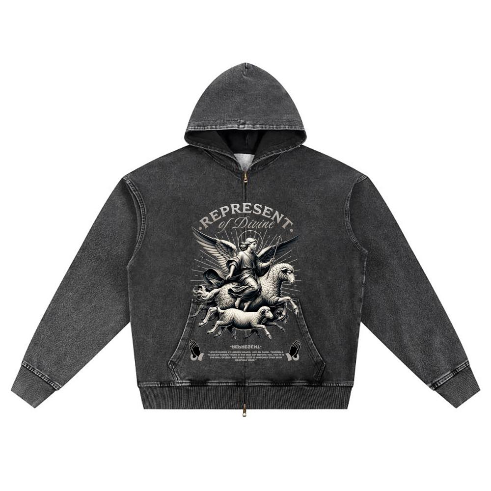 DTG Print Knitted Denim Zip-Up Hoodie Represent Divine Brother Print Zipper Hoodies
