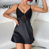 Elegant Nightwear Women Women's Satin Nightgown, Sexy V Neck Chemise Full Nightdress with Suspenders Slip Sleepwear, Sleeveless Sheer Lace Mini