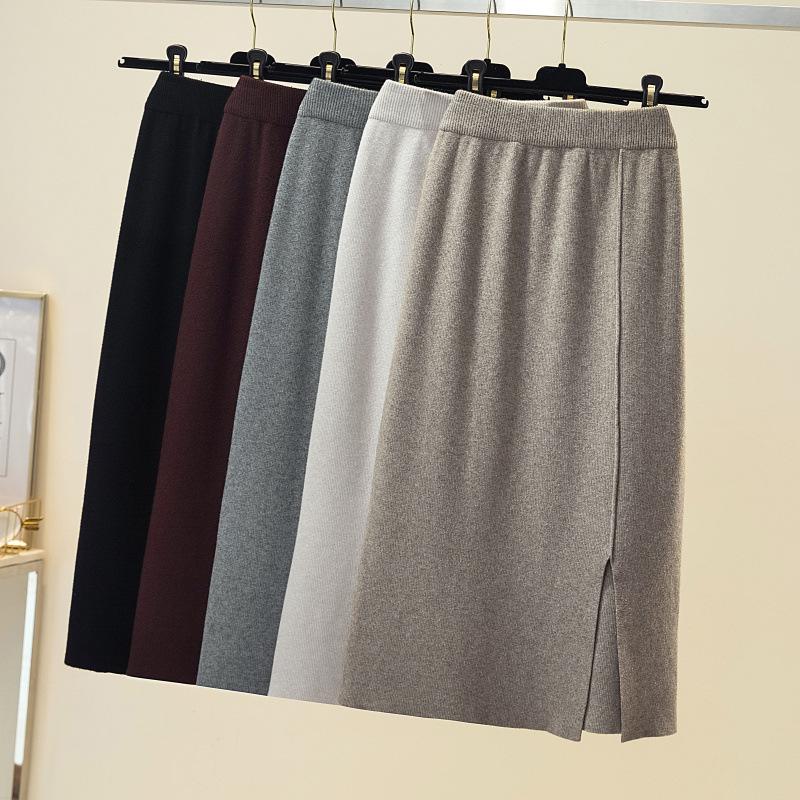 DX~~ Осень и зима, новая однотонная тонкая трикотажная юбка средней длины с высокой талией и юбкой с разрезом на бедрах, пригородная юбка