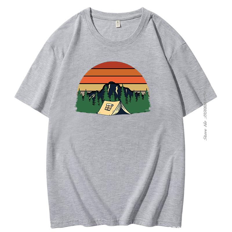 Camping Tent Trees Retro Sunset Graphic T Shirts Summer Cotton Oneck Tshirt Mens Short Sleeve Tshirt Mens Clothing