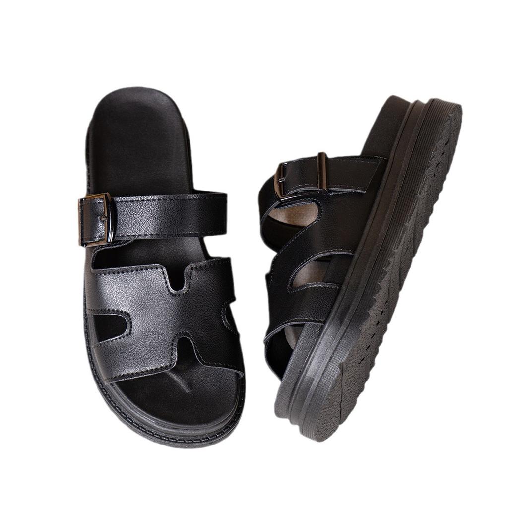 2024 Summer New Large Size Slippers Women's Versatile Thick Bottom One-word Buckle Solid Color European and American Casual Cool Slippers Women
