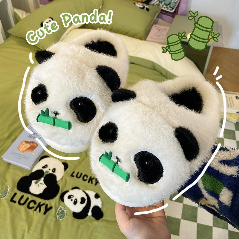 Kawaii тапочки с изображением гигантской панды женские зимние теплые меховые мокасины женские пушистые тапочки с изображением животных женские домашние тапочки меховые мюли