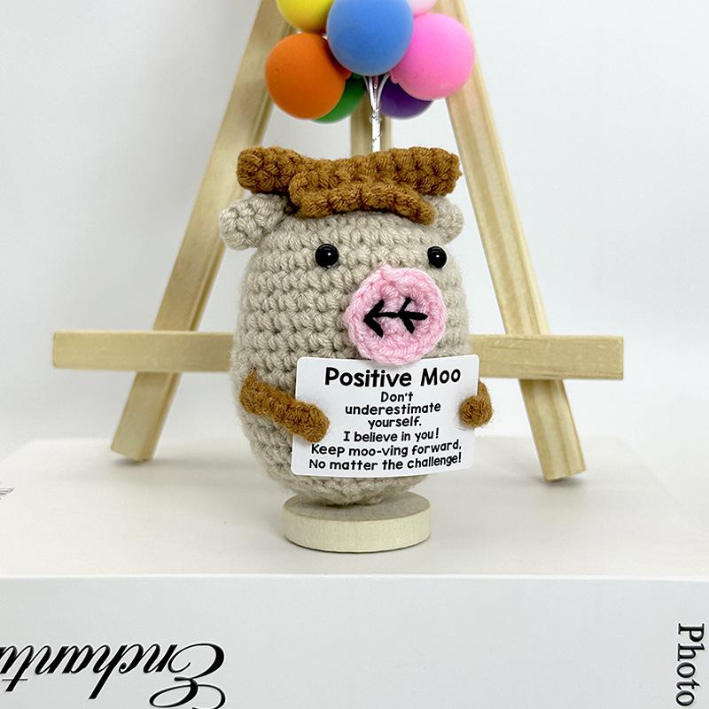 Funny Positive Crochet Cow Doll Desktop Ornament Handmade Cheer Emotional Support Positive Cow with Card Home Party Decoration