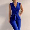Ladies Overalls Solid Color Sleeveless Elegant Simple Turndown Collar Bandage Jumpsuit for Wedding