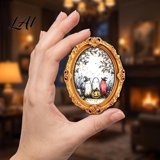 Retro Frame Fridge Magnet Halloween Wooden Refrigerator Magnet Oval Holiday Pumpkin Ghost Magnetic Decoration for Kitchen Illustration