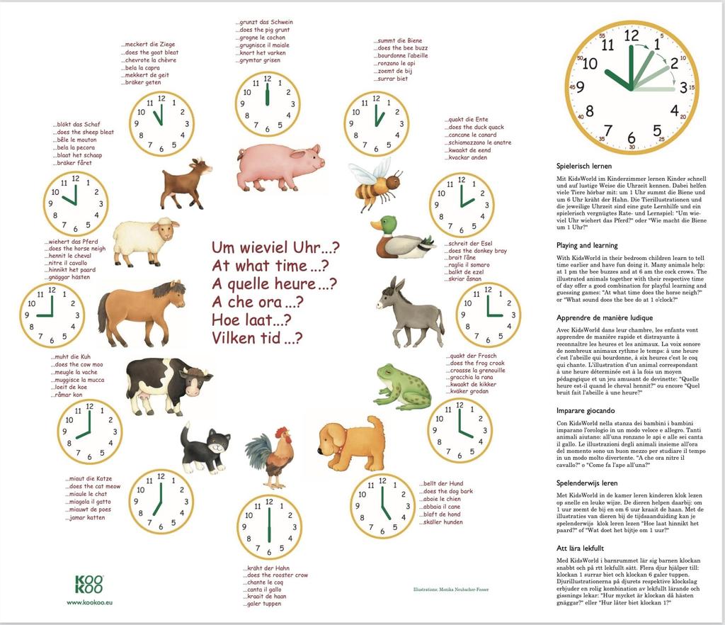 KOOKOO Kids World Небесно-голубые настенные часы с голосами животных 12 разных животных на ферме, которые говорят время Настенные часы Милые настенные часы Идеально подходят для комнат