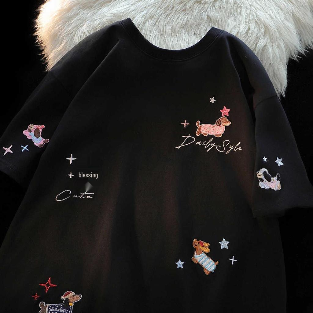 Американский шик Вышитая футболка из хлопка с коротким рукавом и щенком для женщин – Летний свободный крой Милый топ