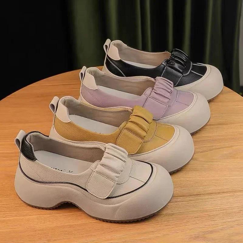 Женские туфли на платформе с неглубокой подошвой, дизайнерские туфли на среднем каблуке, повседневная обувь, осень 2024, новая спортивная обувь для ходьбы, женские туфли