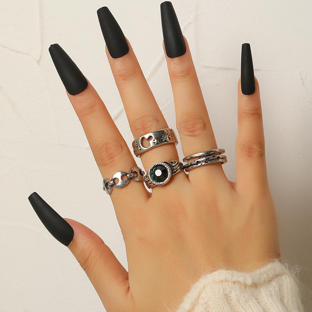Retro multi-piece set geometric metal diamond-set love ring ethnic style hollow turquoise joint ring ring female