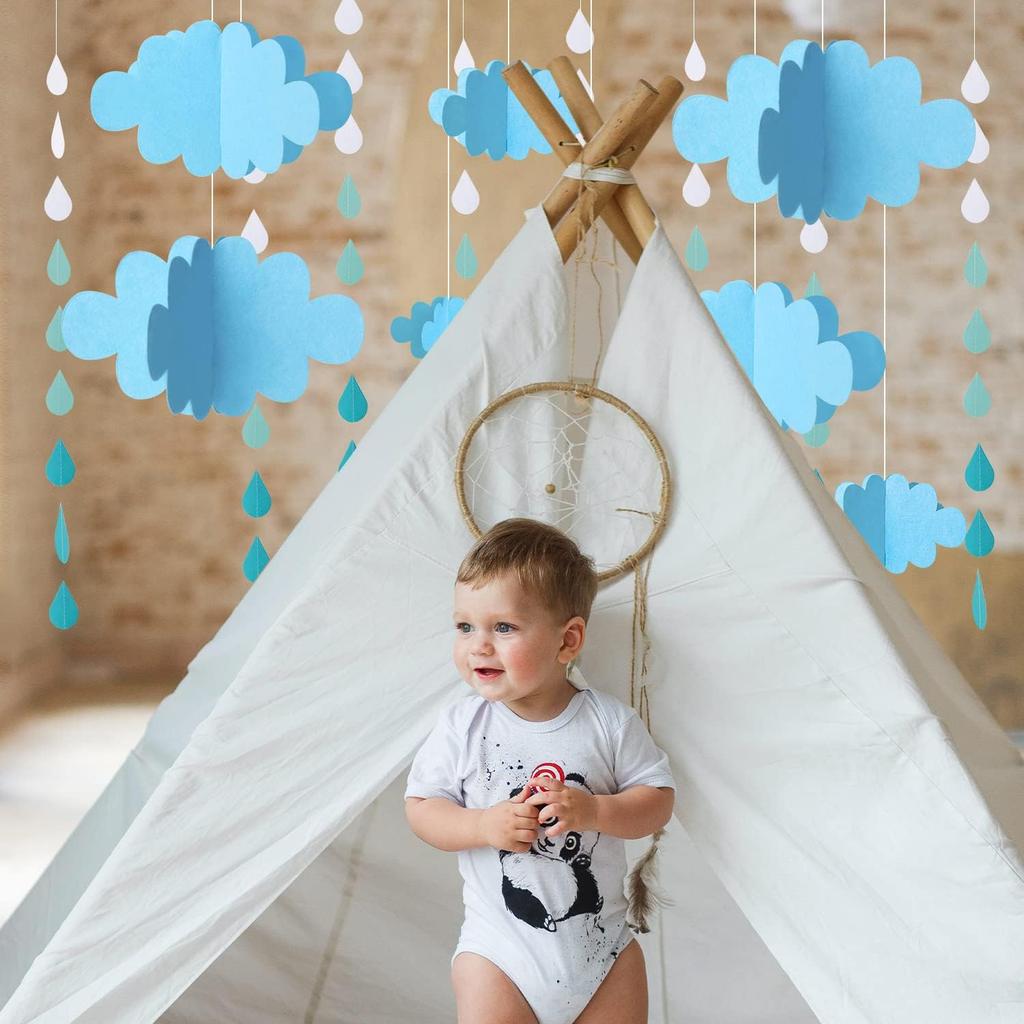 16 PCS 3D Cloud Decoration Blue Hanging Clouds and Raindrop for Cloud Ornaments Hanging Ceiling Decor for Party Nursery Children Room Ceiling
