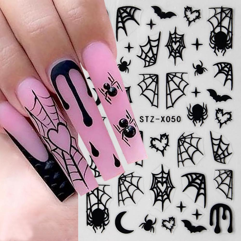 8 Sheets Halloween Nail Decals Self-Adhesive Black White Art Stickers For Women