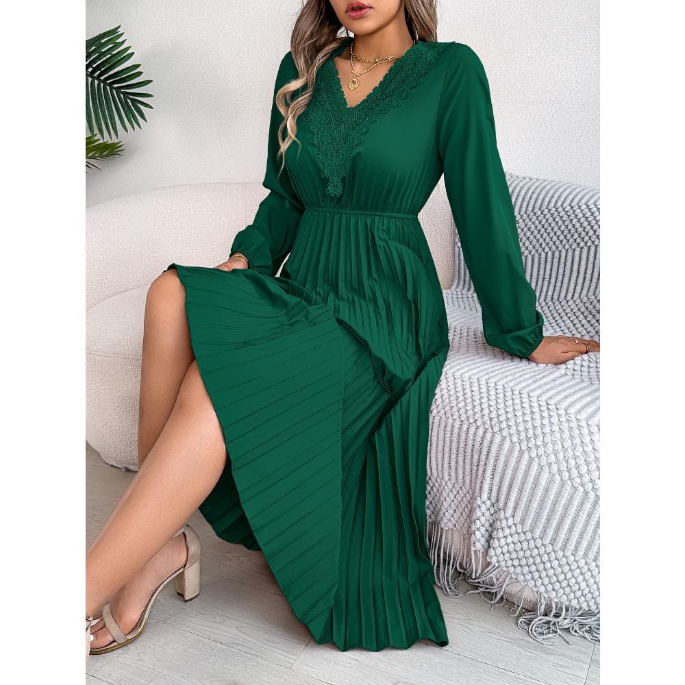 Spring and Summer Elegant Temperament V-neck Lace Waisted Pleated Long Women's Dresses Long Skirts