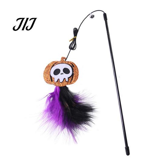 Spooky Spider Pumpkin Skull Toys Halloween Cat Wand Toy, Interactive Toy with Feathers And Bell, Designs, Ribbon for Indoor Cats Lightweight